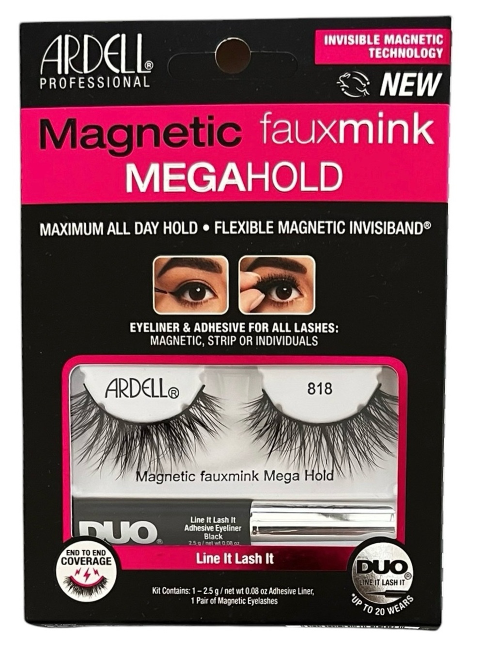 NEW Ardell Magnetic MegaHold Black Fauxmink Adhesive Eyeliner & Lash Kit 818
